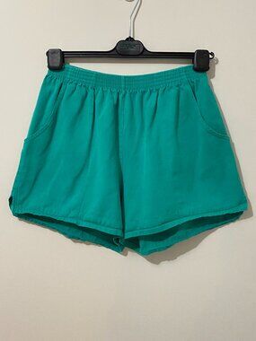Vintage High Waisted Pull-On Mom Shorts 100% Cotton Green Teal 80s 90s Summer
